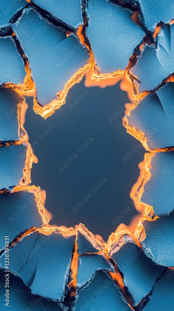 Poster an artistic representation of cracked surfaces with vibrant edges, creating a unique visual frame fo