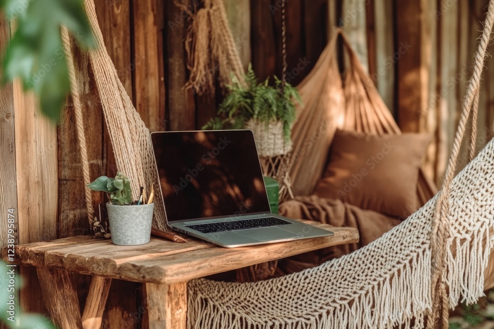 Poster a laptop computer placed on a wooden table, ideal for working or studying