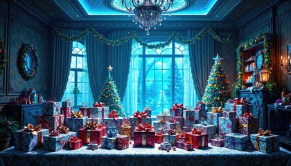 Obraz premium The room is filled with a dazzling array of gifts, all beautifully wrapped and arranged on the table, dazzling, arrangements