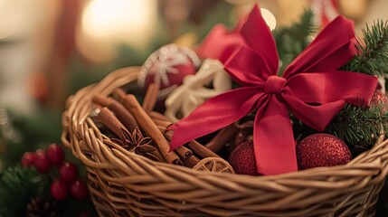 A festive basket filled with holiday spices and baking essentials, tied with a bow. pic