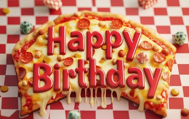 of Happy Birthday Designed with Slices of Pizza, Cheese Pulling Between Letters, and a Red and White Checkered Background, Fun and Tasty