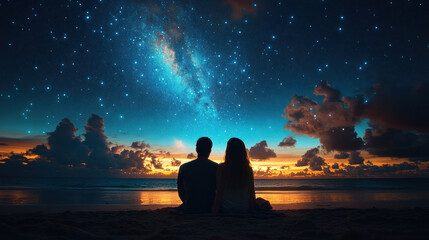 A couple sitting by a campfire at the beach, gazing at the stars and sharing a cozy blanket
