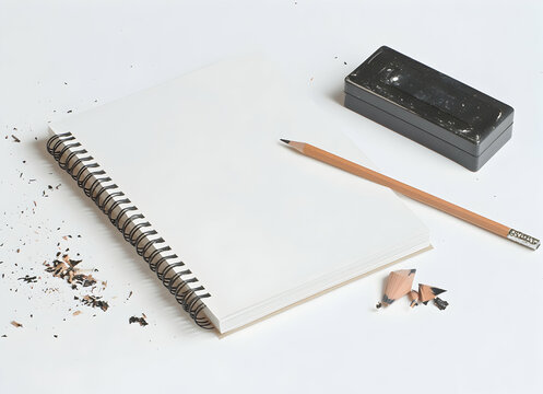 Blank Spiral Notebook, Pencil, Eraser and Shavings on White Background