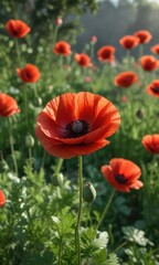 Obraz premium The vibrant color of the red poppy is reflected in its delicate petals and stem amidst a bed of greenery, leaves, flora, flower