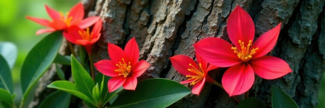 the texture and color of the jambo flowers complement the rough bark of a tree trunk, botanical, flowers