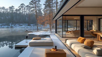 Obraz premium Modern lake house patio sunrise winter relaxation