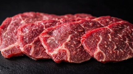 Fototapeta premium A group of steaks placed on a dark, flat surface