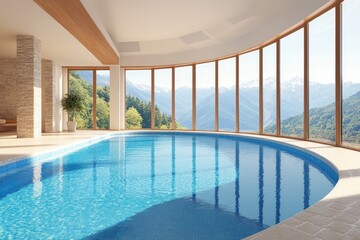 Fototapeta premium Luxurious indoor pool with mountain view in serene natural setting during daytime
