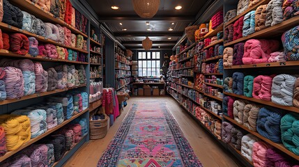 Colorful yarn shop interior, retail, shelves, wool, textures, display, storefront, winter, city, business