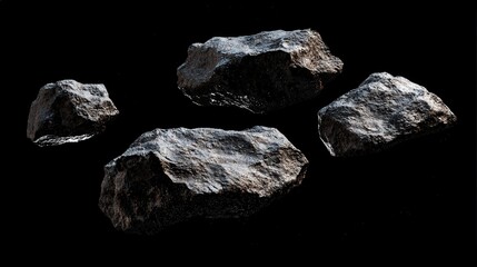 Fototapeta premium Four dark grey rocks isolated on black background. Perfect for game assets, website design, or texture maps. Raw, rugged, and natural.
