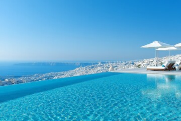 Fototapeta premium Stunning infinity pool overlooking a breathtaking coastal view in Santorini, Greece during a clear summer day