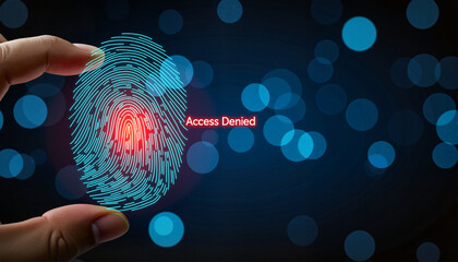 Fingerprint scanning with "Access Denied" message on a bokeh background for cybersecurity blogs, presentations, digital security awareness, and technology-themed designs