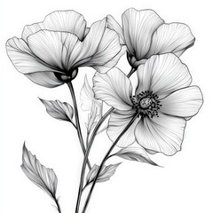 Fototapeta premium Three Delicate Flowers, Line Art, Botanical Design, Perfect for Invitations, Branding, and Home Decor.