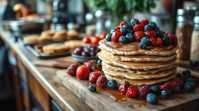A family preparing breakfast together in a bright kitchen, with pancakes and fresh fruit on the counter