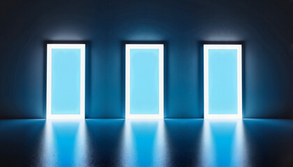 Fototapeta premium Luminous blue doors in a dark space for blogs, websites, digital art projects, futuristic designs, technology presentations, and minimalistic graphic themes