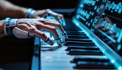 Robot hands playing piano keys with digital interface for blogs, websites, music technology presentations, educational content, futuristic designs, and creative projects