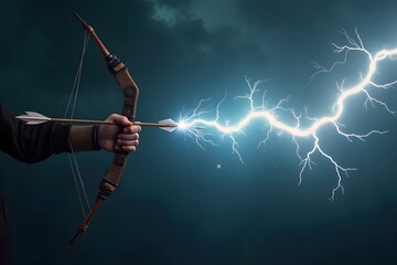 A magical bow releasing an arrow that turns into a bolt of lightning.