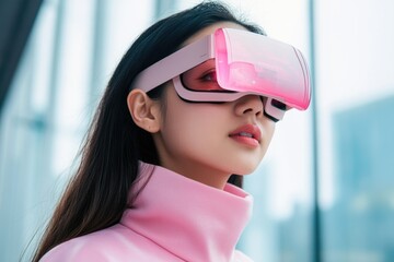 A woman wearing a pink shirt and glasses, isolated on a white background