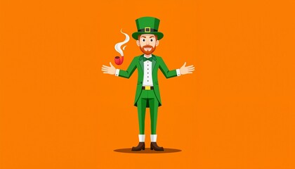 Leprechaun smiling and holding a pipe against orange background