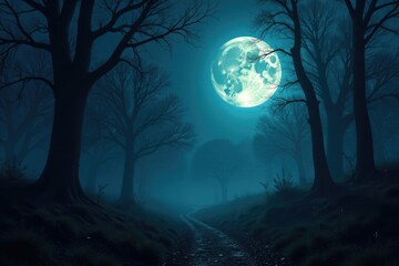 Fototapeta premium A full moon casts an eerie glow on ancient woods, eerie landscape, darkness reigns