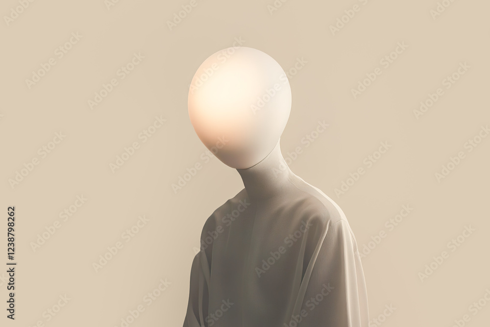 Aufkleber minimalist portrait of a figure with a glowing sphere for a head in a neutral-toned abstract setting