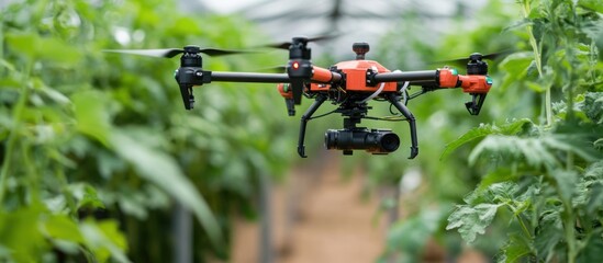 Drone spraying crops in greenhouse