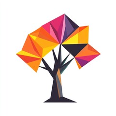 Obraz premium Abstract geometric tree with colorful polygonal leaves and a dark brown trunk.