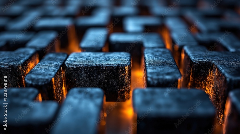 Poster close-up view of textured metallic blocks illuminated by warm light, showcasing intricate patterns