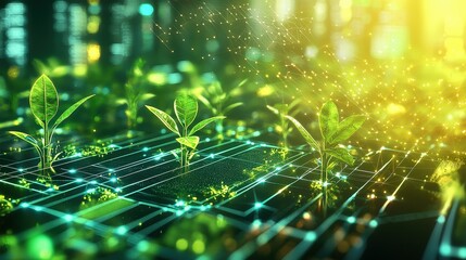 Vibrant green saplings sprouting from a circuit board, symbolizing the fusion of agriculture and technology. Perfect for agtech, sustainability, and digital farming concepts.