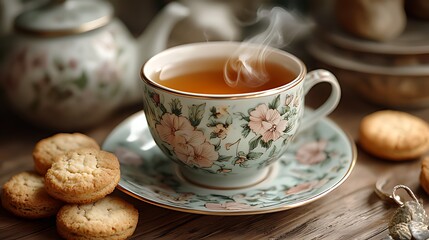 Fototapeta premium Steaming teacup, floral pattern, biscuits, wooden table, cozy setting