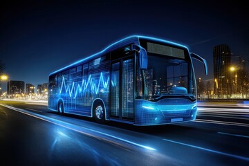 Fototapeta premium Futuristic City Bus with Neon Light Trails at Night