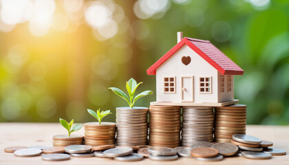 Model house on stacked coins with plants for blogs, websites, real estate marketing, financial education, investment guides, and eco-friendly living resources