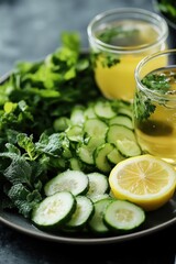 Fototapeta premium A colorful plate filled with sliced cucumbers, lemons, and more