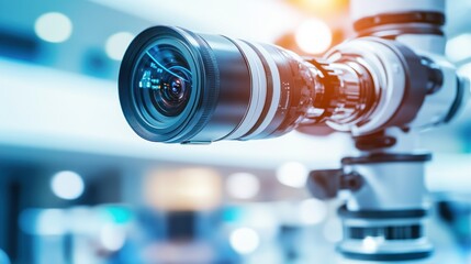 Obraz premium High-tech security camera lens, indoor surveillance, blurred background, modern technology