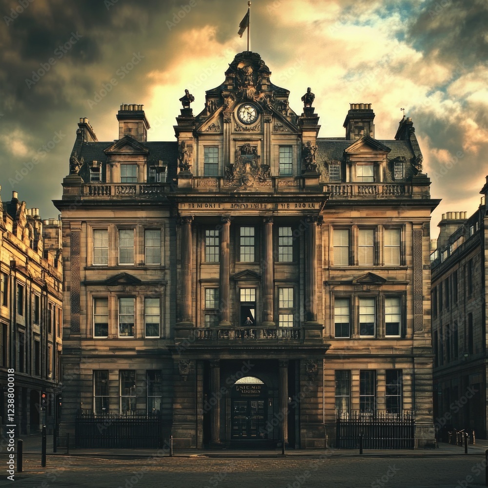 Poster a city hall building with a clock tower visible from the front, providing orientation and timekeepin