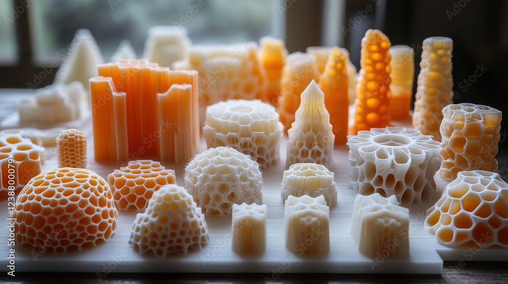 Poster collection of intricate 3d-printed structures in various shapes and colors on a display table