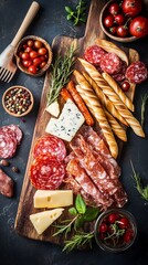 A freshly prepared charcuterie board with meats, cheeses, and breadsticks.