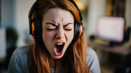 A woman streamer wearing headphones is broadcasting live, showcasing her focus and excitement in the world of gaming and content creation. AI generative