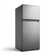 Modern stainless steel top-freezer refrigerator isolated on a white background, symbolizing efficiency and contemporary design. Perfect for real estate, home appliances, and kitchen marketing.