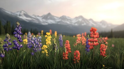 Obraz premium Vibrant Wildflowers in Peaceful Mountain Meadow with Majestic Backdrop