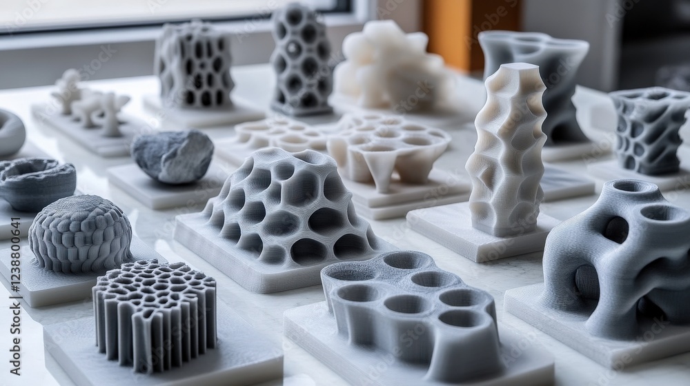 Poster collection of intricate 3d-printed sculptures showcasing various geometric forms and textures