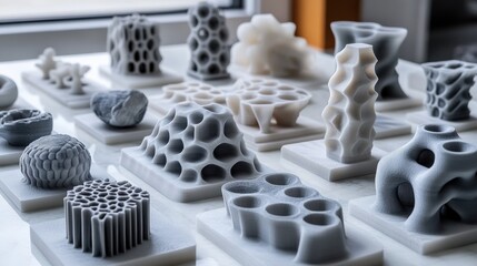 Collection of intricate 3D-printed sculptures showcasing various geometric forms and textures