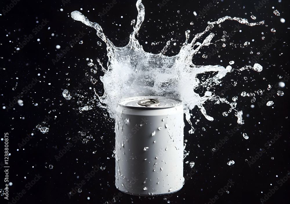 Poster refreshing splash: a silver can exploding with water