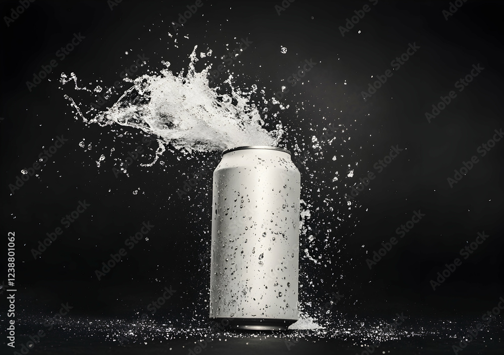 Poster refreshing splash: a silver can exploding with liquid