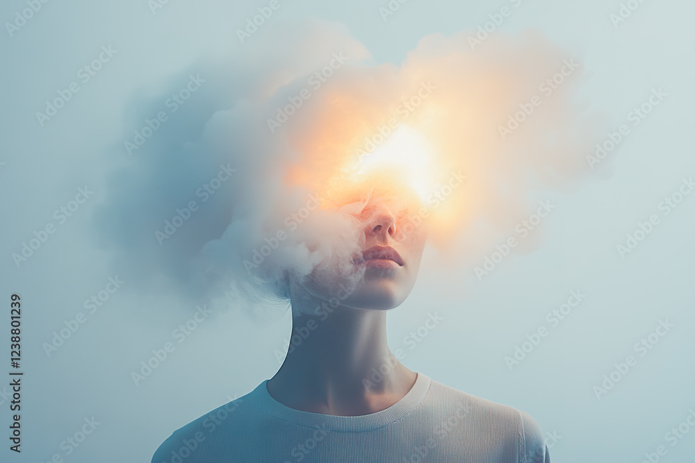 Poster mystical encounter with thoughts manifested in a cloud of creativity and inspiration above a contemp
