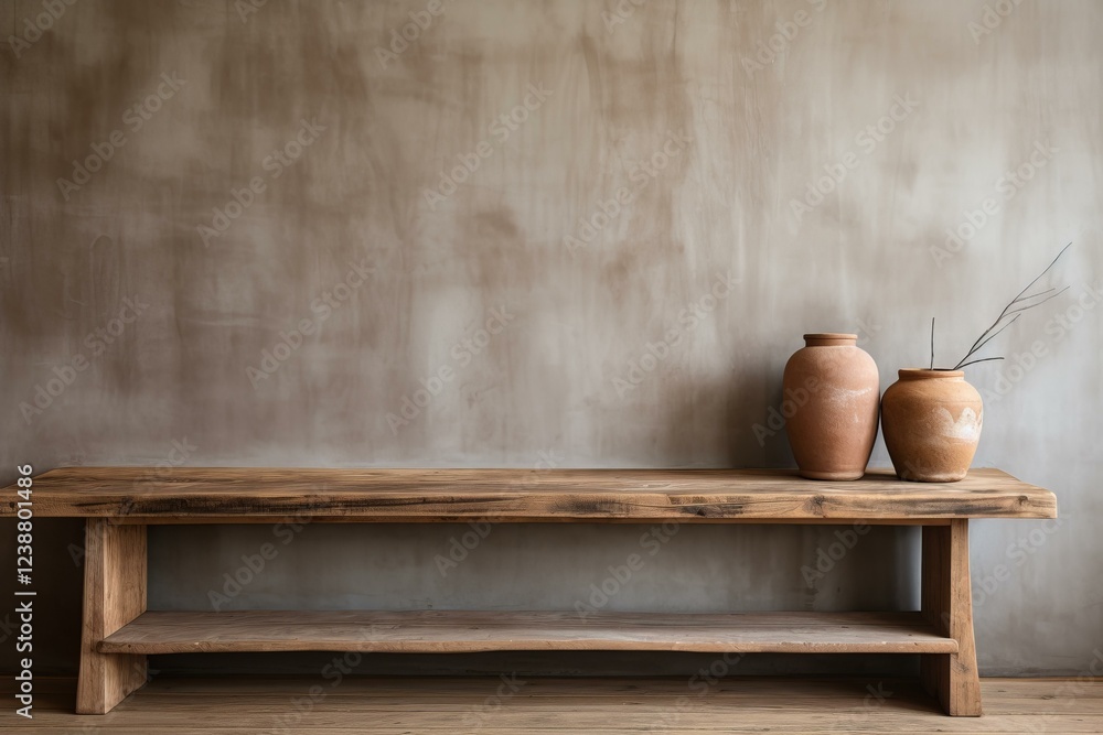 Poster clay vases standing on a wooden table in front of a textured wall, creating a rustic and minimalist 