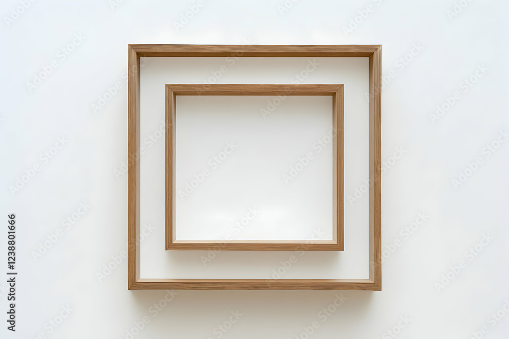 Poster nested wooden frames on white background: minimalist design and empty space for art or photography