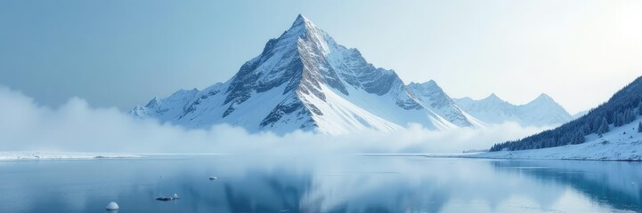 Fototapeta premium Speckled snowy mountain peak with a misty atmosphere and frozen lake in the foreground, snow,