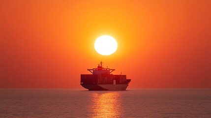 Obraz premium Container Ship Departure at Sunset, massive vessel sailing into the horizon, engines roaring, cargo destined for distant shores, vibrant sunset casting warm hues across the sky