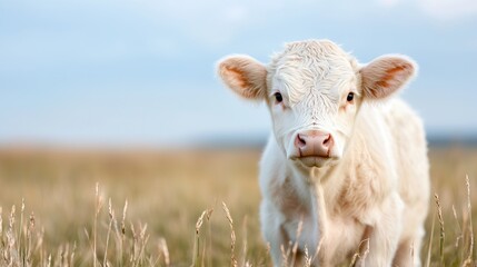 Obraz premium Calf in field, summer sky, rural scene, livestock farming